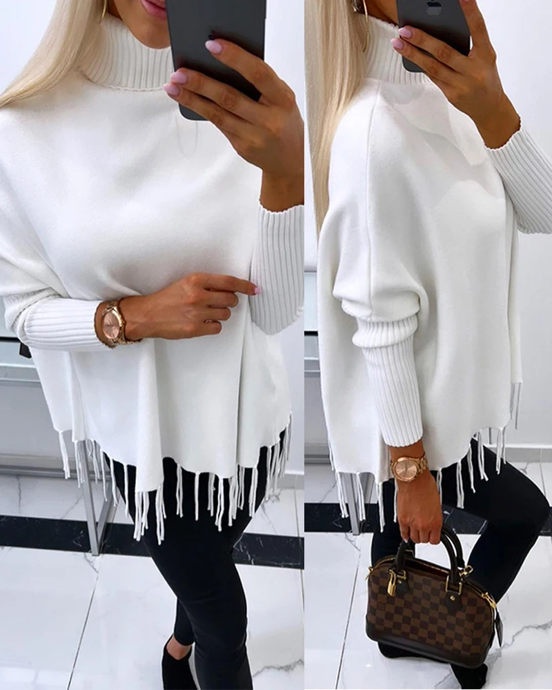 

2023 Women Turtleneck Long Sleeve Tassel Design Knit Sweater Autumn Winter High Neck Long Sleeve Pullover Jumper Female Clothes