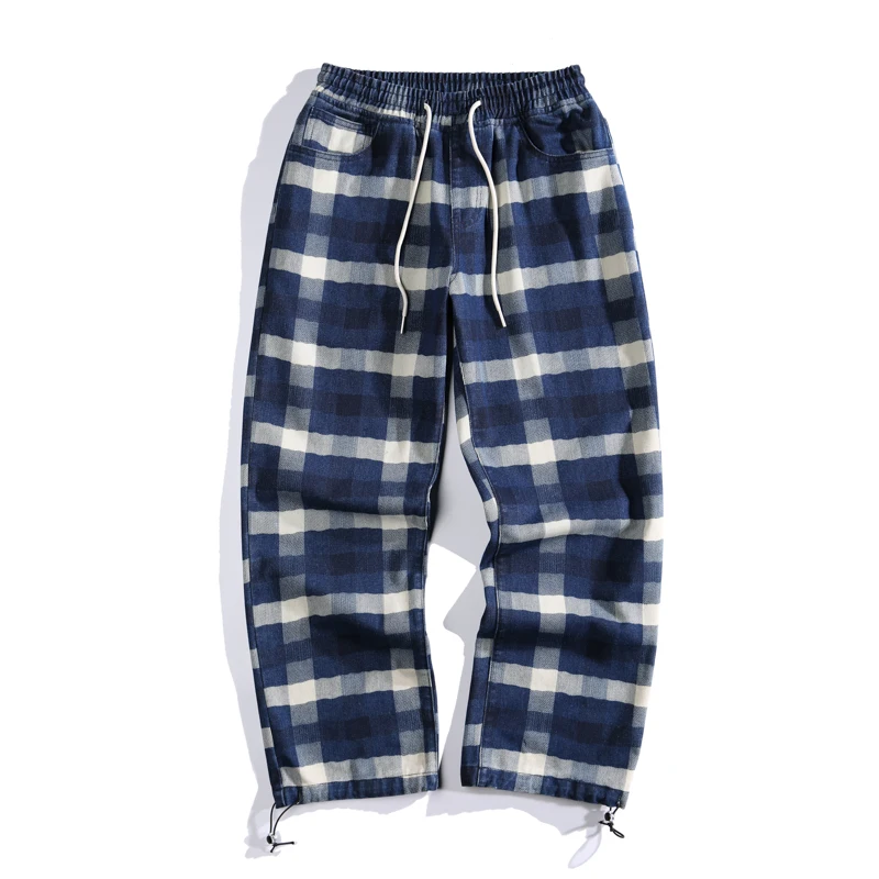 2024 Trendy American High Street Pants Men's Casual Pants Loose Tie Feet Youth Checkered Casual Pants