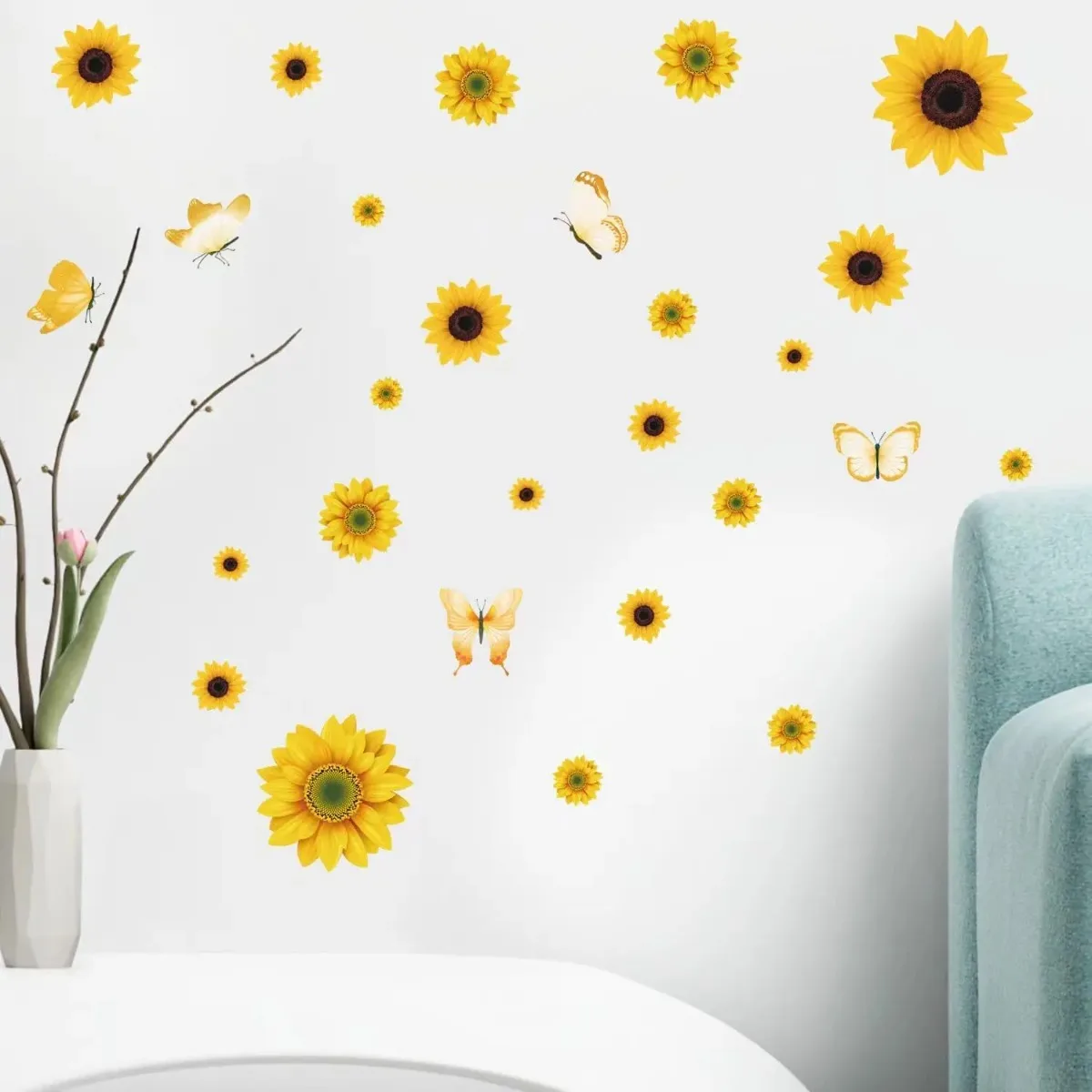 Wall Stickers Sunflower Decorations for Bedroom Kitchen Classroom Living Room Self-Adhesive Vinyl Sunflower and Butterfly Wall Stickers