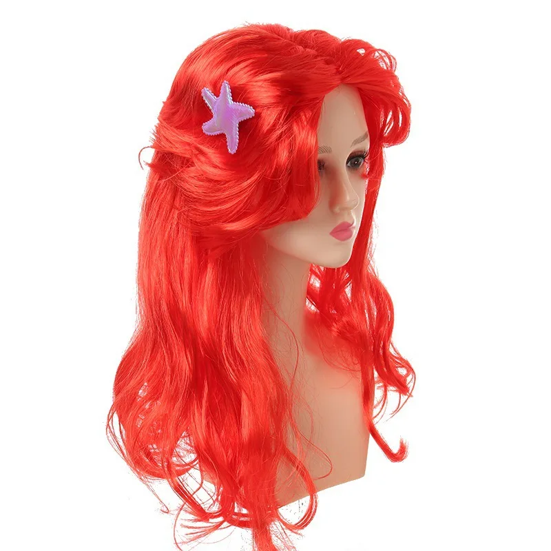 Girls Mermaid Princess Dress Up Red Wigs Hair with Starfish Hair Clip Headwear Halloween Anime Cosplay Costume Accessories