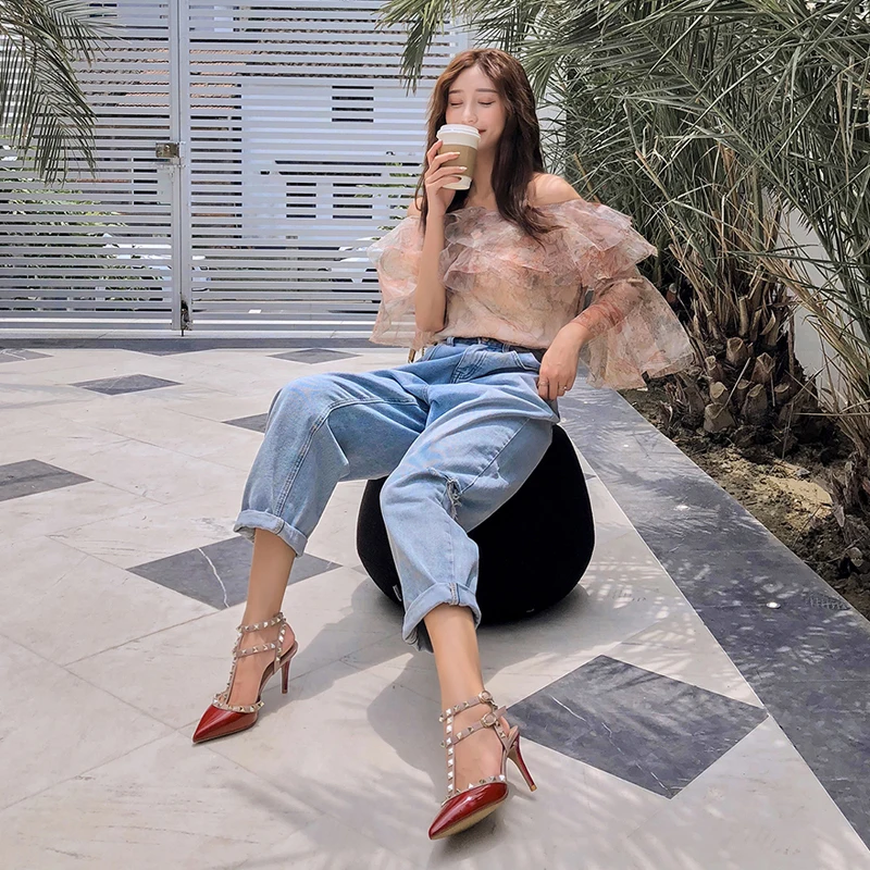 Designer Shoes Pointed Toe Rivets Brand Sandals Sexy Evening Dress Shoe Women's Sandals With Heels Elegant Women Shoes8-10CM