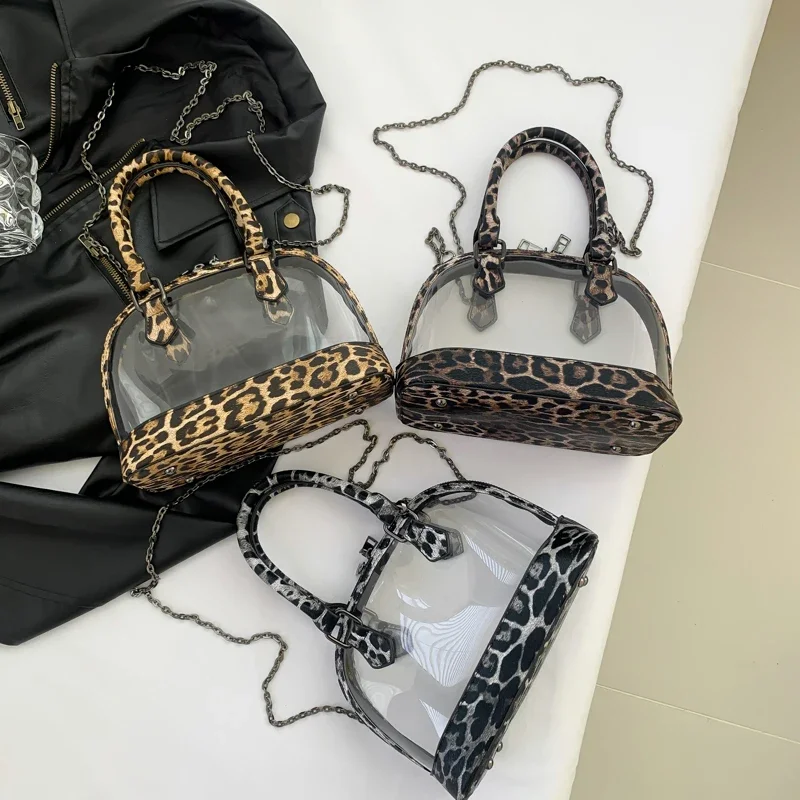 2024 New Shell Handbag Bag For Women Vintage Khaki Leopard Leather Shoulder Bag Female Waterproof Transparent PVC Crossbody Bags