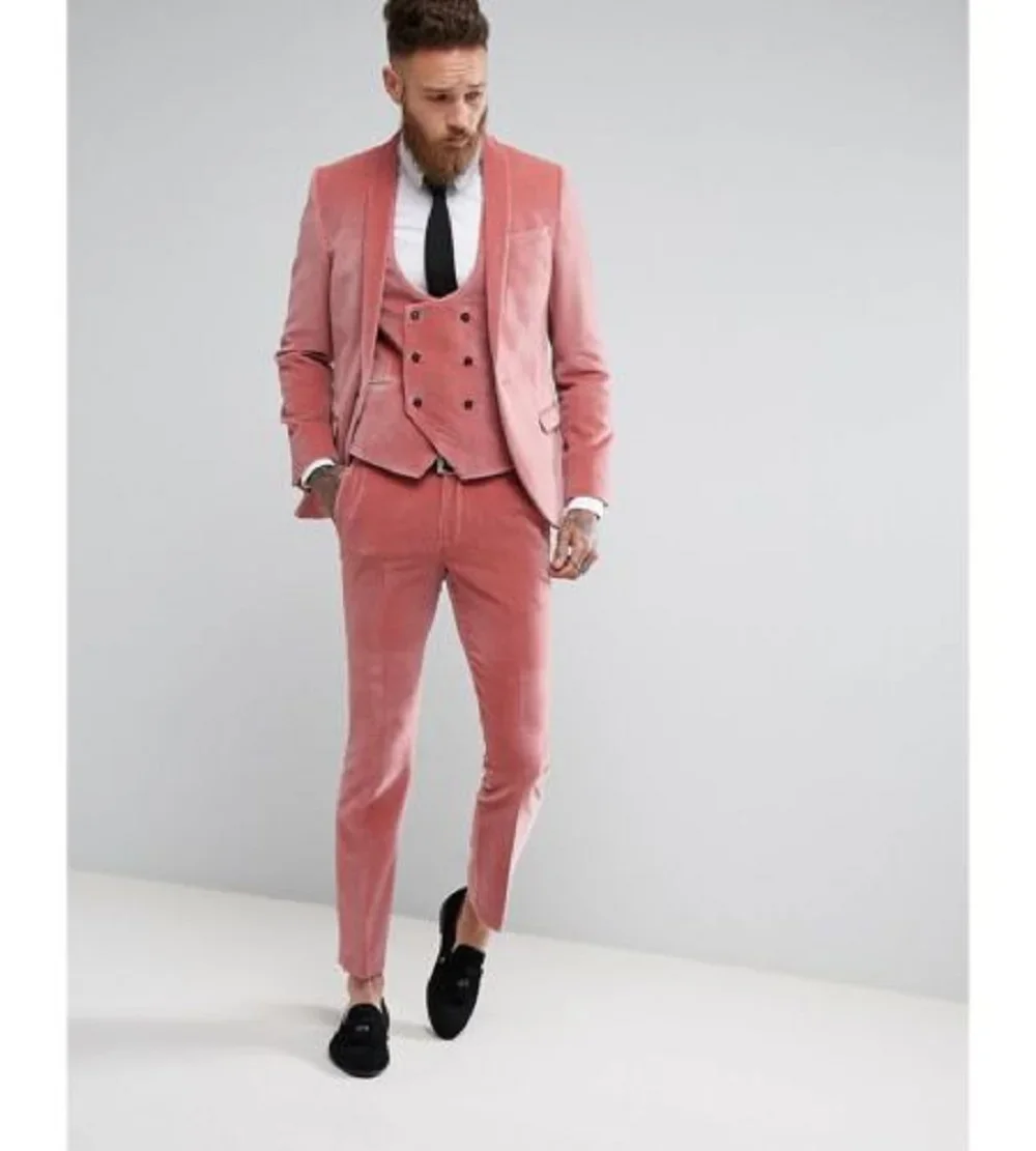 Custom 3 Pics Fashion Winter Groom Wedding Dress Slim Fit PINK Velvet Men's Tuxedo Suit Jacket + Vest + Pants