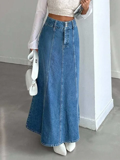 Women's long denim midi skirt for spring and autumn seasons. Suitable for various occasions such as daily wear, commuting, and g