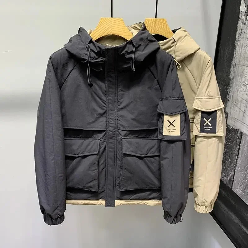 

Men's Clothing Autumn Winter New Men Hooded Solid Color Pockets Cargo Jacket Japanese Fashion All-match Thicken Cotton Male Coat