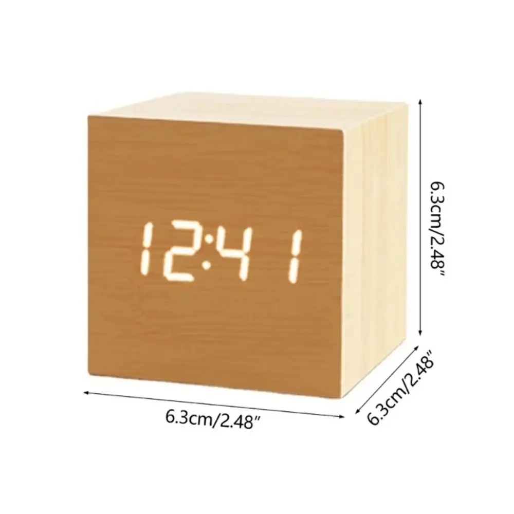 Voice Control Square Digital LED Alarm Clock Retro USB/AAA Powered Glow Clock Wood Multifunctional Desk Clock Gift 6