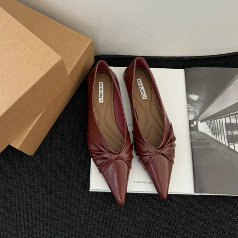 حذاء جلد مدبب للنساء ، حذاء مكتب ، كعب منخفض ، صند...