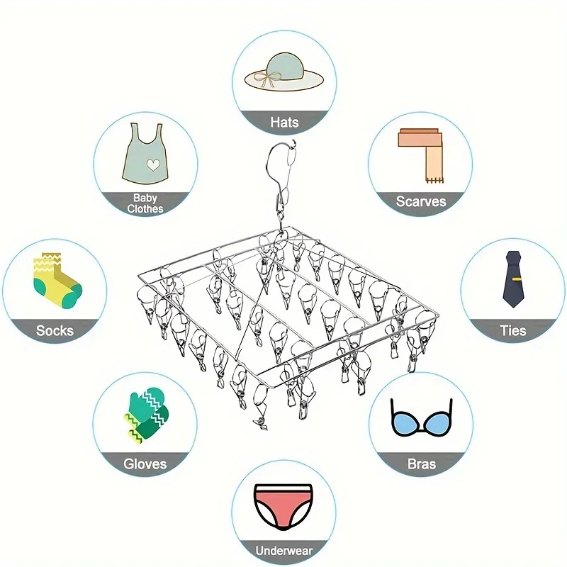 1PC stainless steel sock drying rack with multiple clips, rotating hook windproof clothes rack, sock drying rack, bra, underwear 4