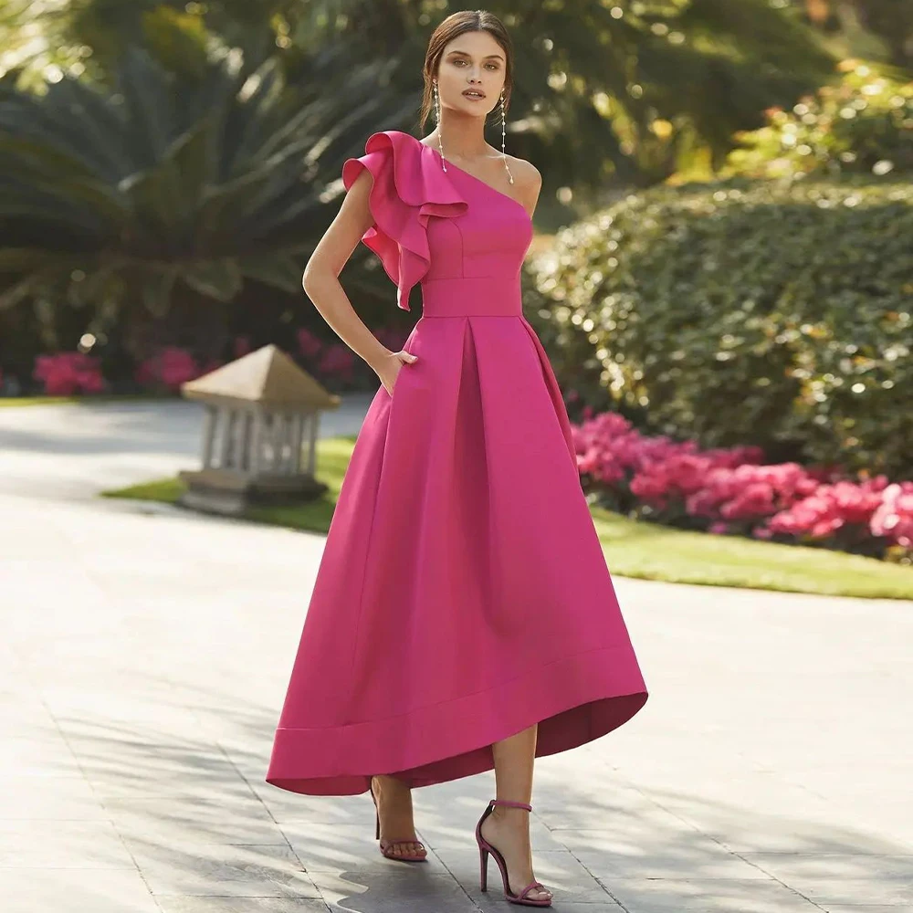 

Hot Pink Prom Dress Asymmetrical One Shoulder A Line Satin Gowns with Pockets Hihg-Low Ruffle Women's Party Dresses 2023