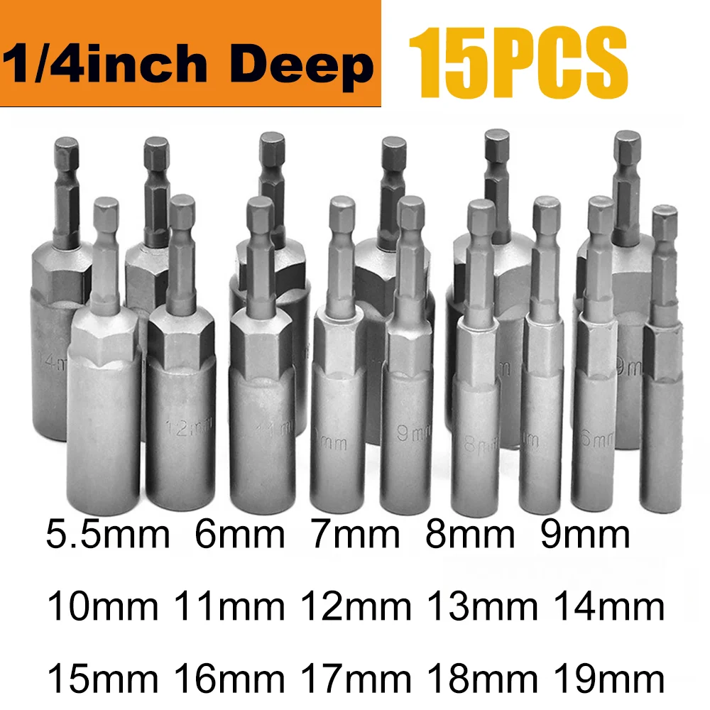 1/5/10/15 Stück 80mm Länge Verlängerter Kraft-Steckschlüssel-Bohrer-Satz 5,5-19MM Schlagschrauber-Adapter für Elektrowerkzeuge 6,35MM Sechskantschaft – Detail 6