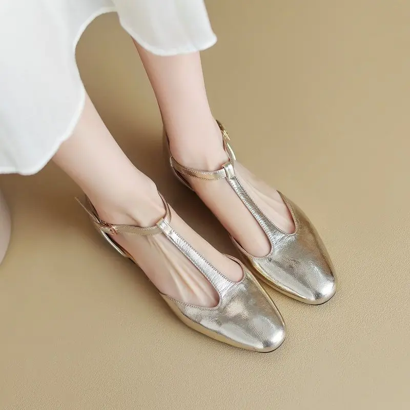 

Women Daily FlatsT-Strap Shoes Woman Split Leather Mary Jane Elegant Spring Autumn Simple Shoes Round Toe Sandals With Low Heel