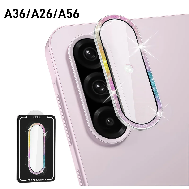 HD Glitter Metal Ring Camera Cover with Tempered Glass Lens Protector Film - Phone Accessory Set