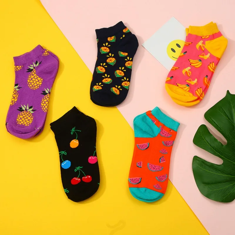 

2024 Short Cotton Men's Women's Spring Summer Thin Socks Fruit Pineapple Lemon Watermelon Banana Cherry Trend Shallow Mouth