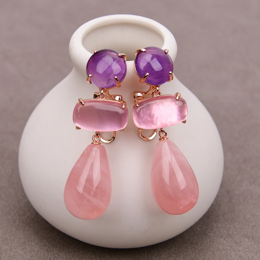 Gg Jewelry Orecchini In Pietra Rosa A Goccia Di Quarzo Rosa Naturale Placcato Oro Rosa Ametsyt Omega Stud Earring