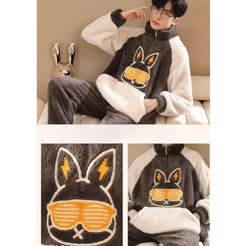 Coral Velvet Pajamas Men Winter Fleece-lined Thickened Cartoon Stand Collar Large Size Sleepwear Suit Male Flannel Warm Homewear