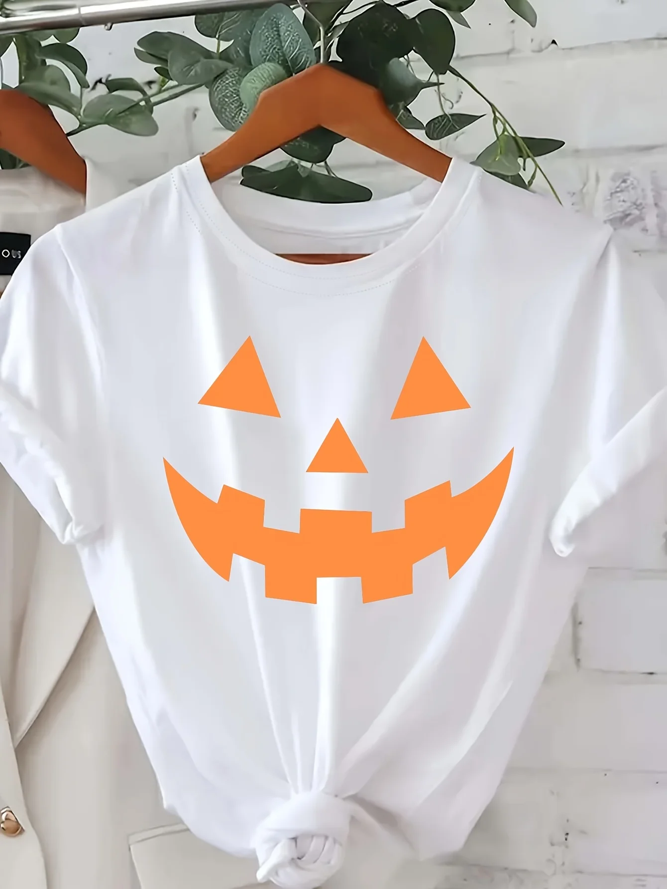 Damen Halloween Kürbis Gesicht T-Shirt Schwarz mit orangefarbener Laterne Harajuku Ärmel Freizeitkleidung Street Tops Ästhetische Kleidung