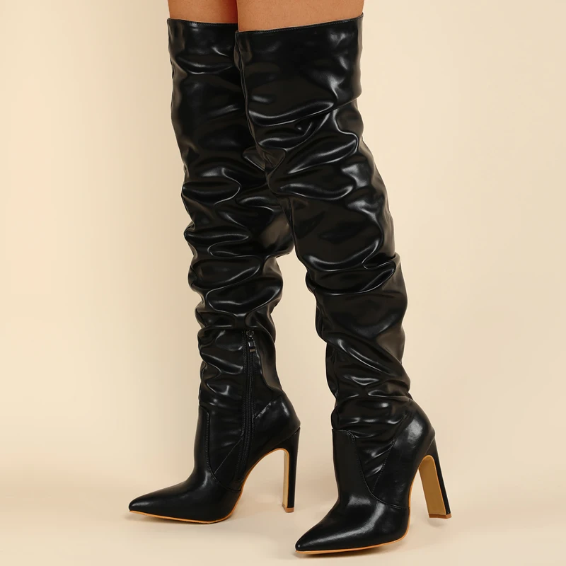 

Size 35-42 Pointed Toe Pleated Zipper Women Shoes Over-the-Knee Boots Fashion Winter Autumn Punk Style Ladies Footwear