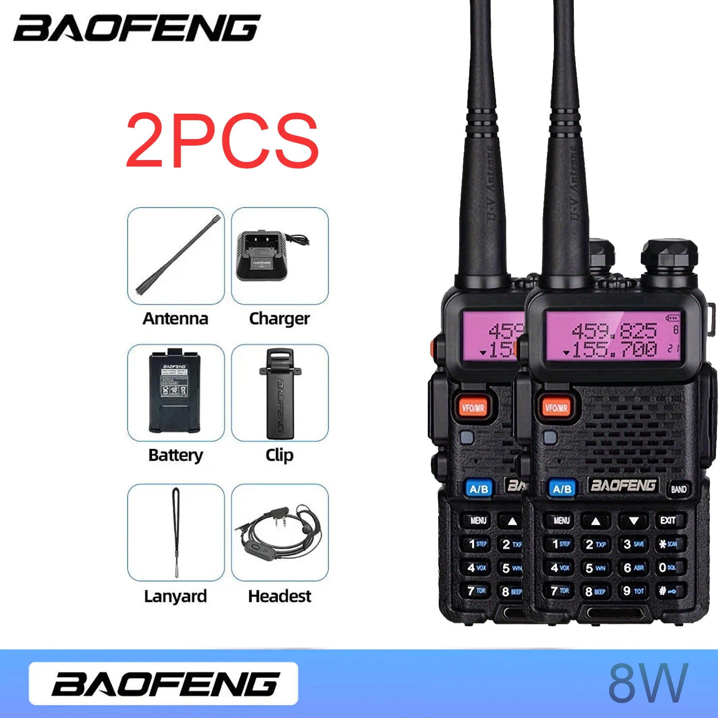 2pcs BAOFENG 5W 8W High Power Dual Band Two Way Radio Long Range Handheld Portable Walkies Talkies For Hunting 5