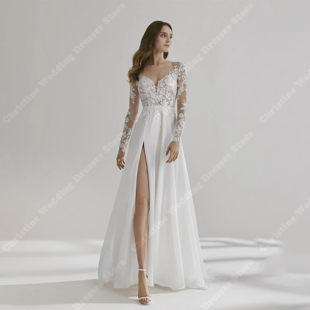 Pure White V-Neck Women Wedding Dresses A-Line Bridal Gowns Modern Bright Lace Print Mopping Length Vestidos De Novia Customized 4