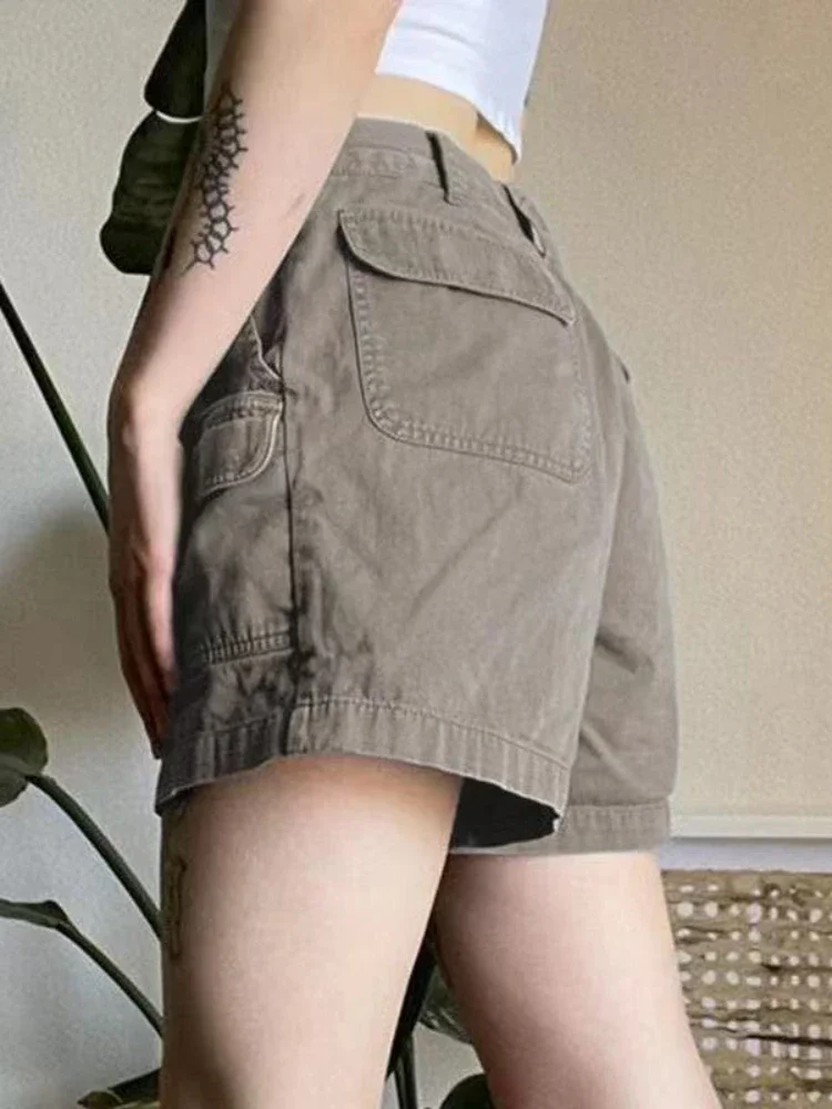 HOUZHOU Y2k Vintage Streetwear Cargo Denim Shorts Women American Retro Harajuku Solid Loose Jeans Casual Pocket 2024 Summer Chic