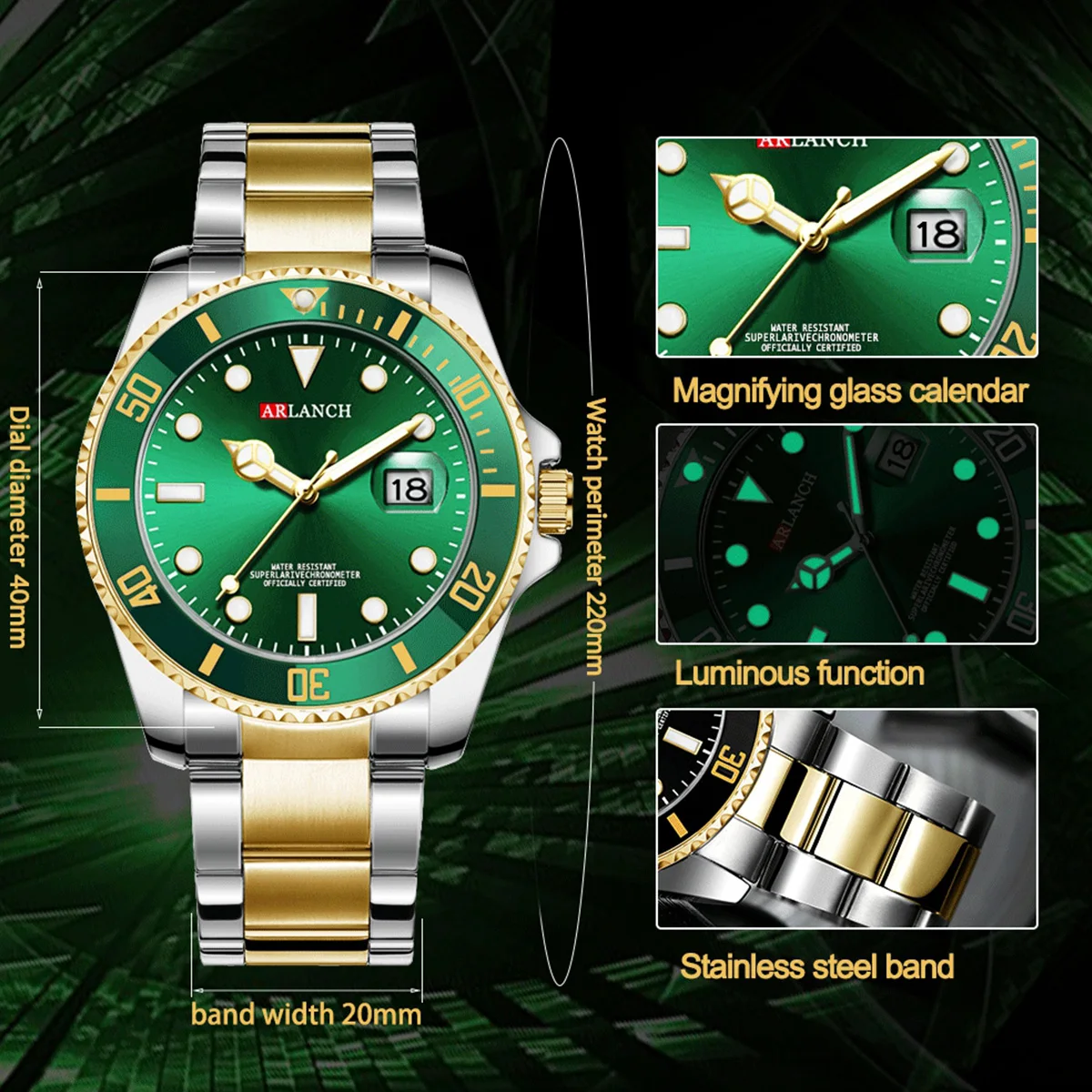 Men's Quartz Watch Classic Stainless Steel Strap Casual Business Style 40mm Black Gold Dial 3bar Waterproof Series Watches Reloj, Alina Gadgets