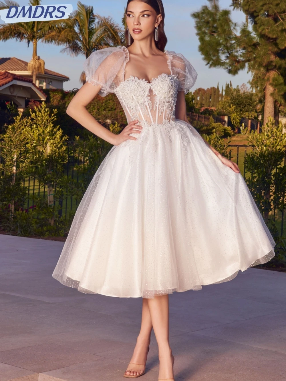 

Romantic Puff Sleeve Bride Robe Classic Appliques Bridal Gown Sparkly Sequins A-line Tea-length Wedding Dress Robe De Mariée