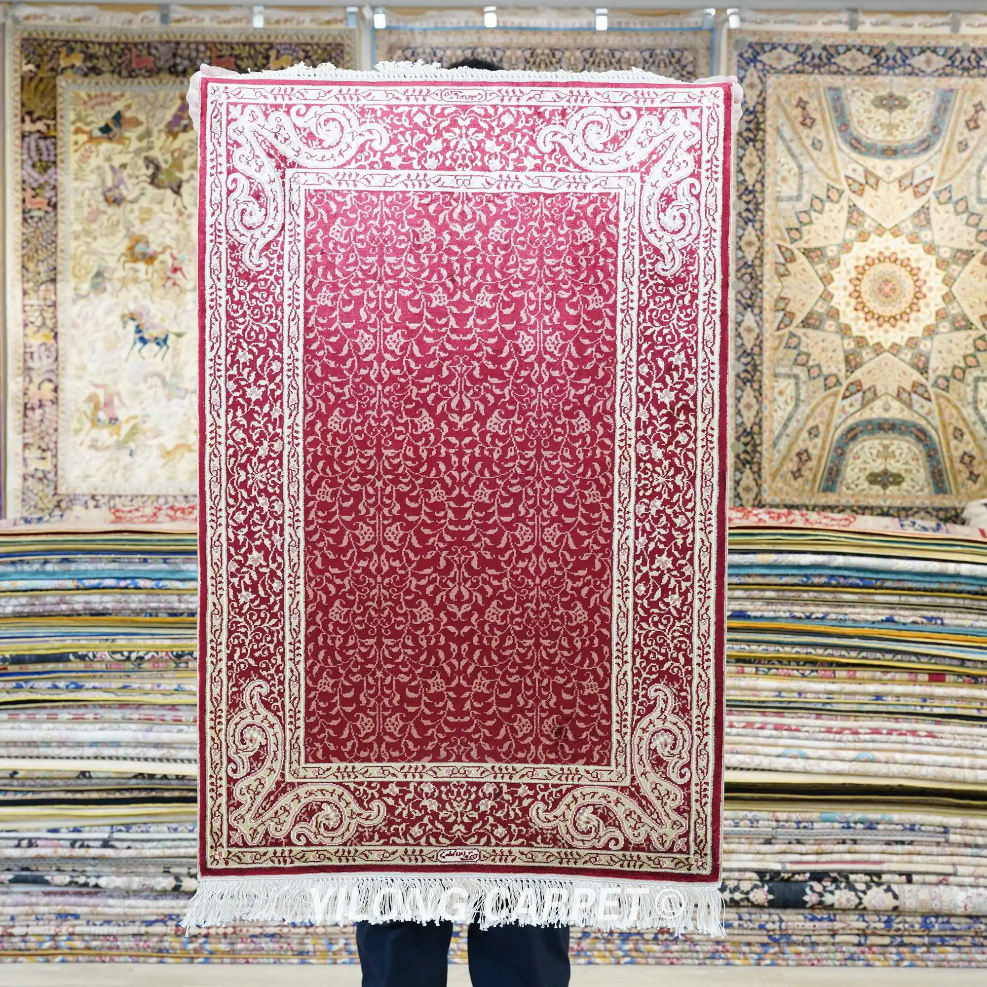 61x91cm Oriental Silk Carpet Red Handmade Exquisite Small Hereke Silk Rugs (HF101B)rugged