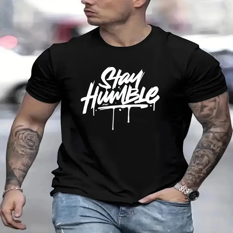 

Men's Stay Humble Pattern Short Sleeve T-shirt - Comfortable Elastic Fashion Extra Large T-shirt, Summer Casual Style New Y2K