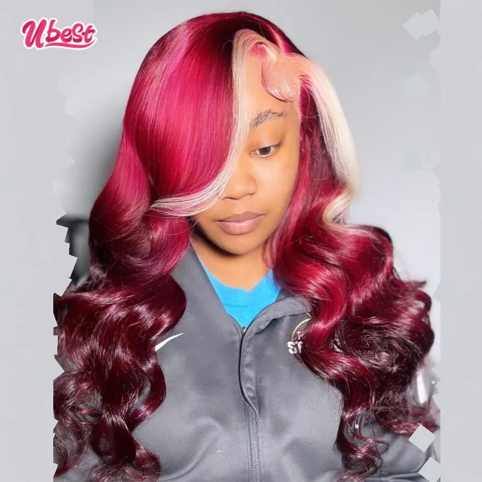 

Burgundy 99j Red With 613 Blonde Stripe Lace Front Wig Pre Plucked 13x6 Lace Frontal Human Hair Highlight Wigs For Black Women