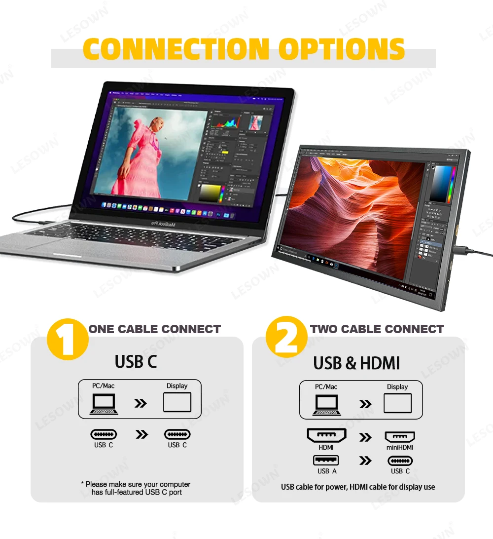 LESOWN USB-C 2.5K 모니터 10 인치 터치 스크린 2560x1600 Mac Windows Phone 용 소형 휴대용 드로잉 노트북 화면 확장기