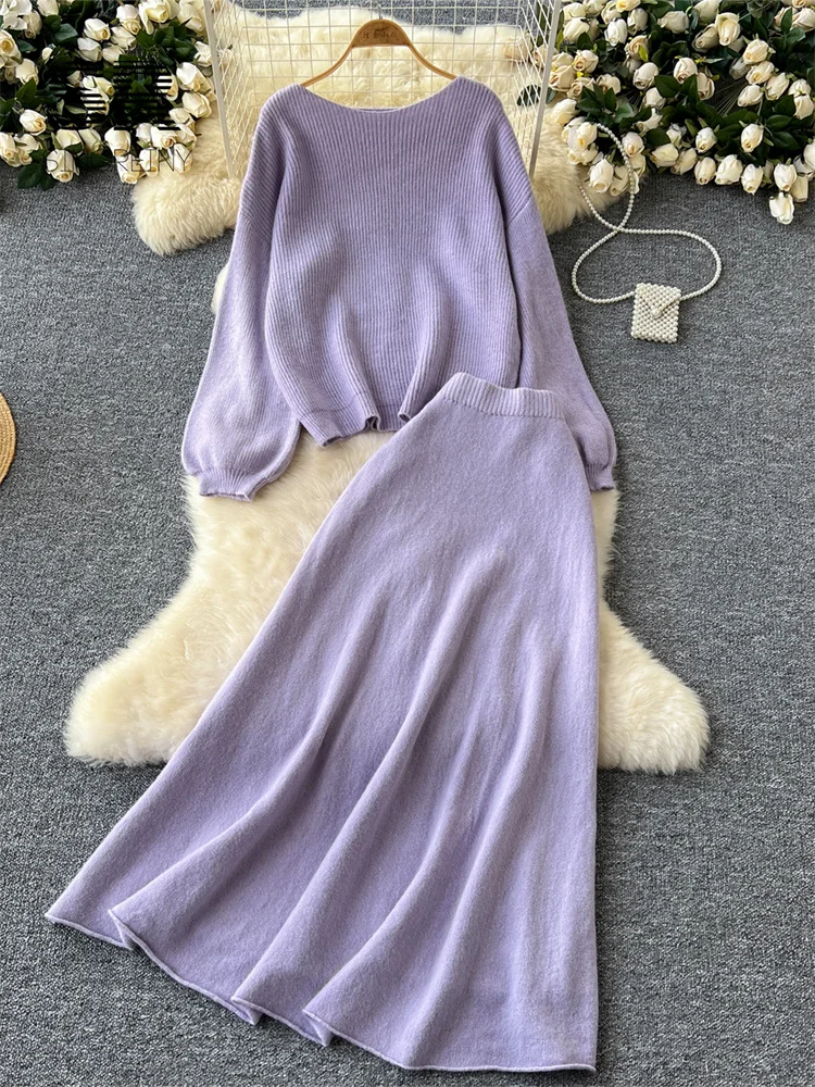 Women Two Piece Sets 2pcs Suits Women Autumn Winter Loose Sweater+Elastic Waist Skirt Ladies Basics Knitting Two Pieces Sets