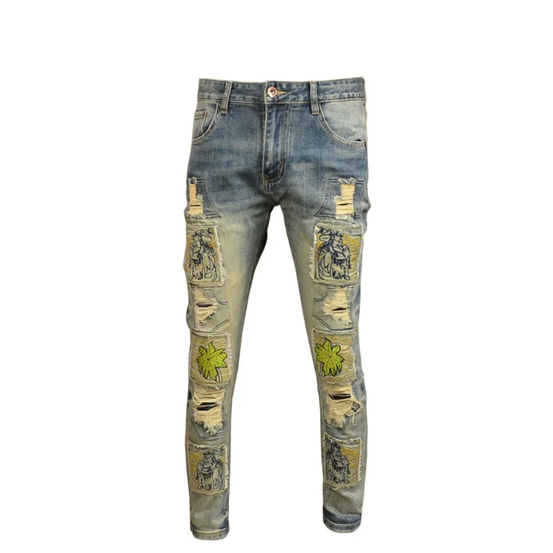 Vintage Vintage Ripped Men'S Jeans Hipster Stretch Straight Fit High-End Embroidered Scratch Patch Casual Denim Pants