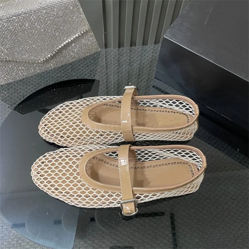 Round Toe Fish Mesh Hollowed Out Ballet Shoes for Women's Summer New Flat Bottomed Belt Buckle Single Shoes Brand Design