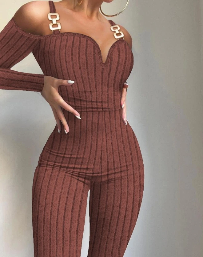 

Women's Jumpsuit Casual Cold Shoulder Long Sleeve Chain Decor Bodycon Overall 2023 Autumn Fashion One Piece Romper Streetwear