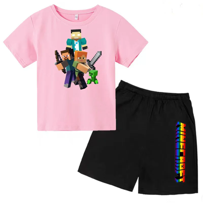 Kids Clothing Set Summer Kids T-shirt Set Multicolor Cartoon Print for Boys and Girls Ages 3-13 Casual 2-piece Set