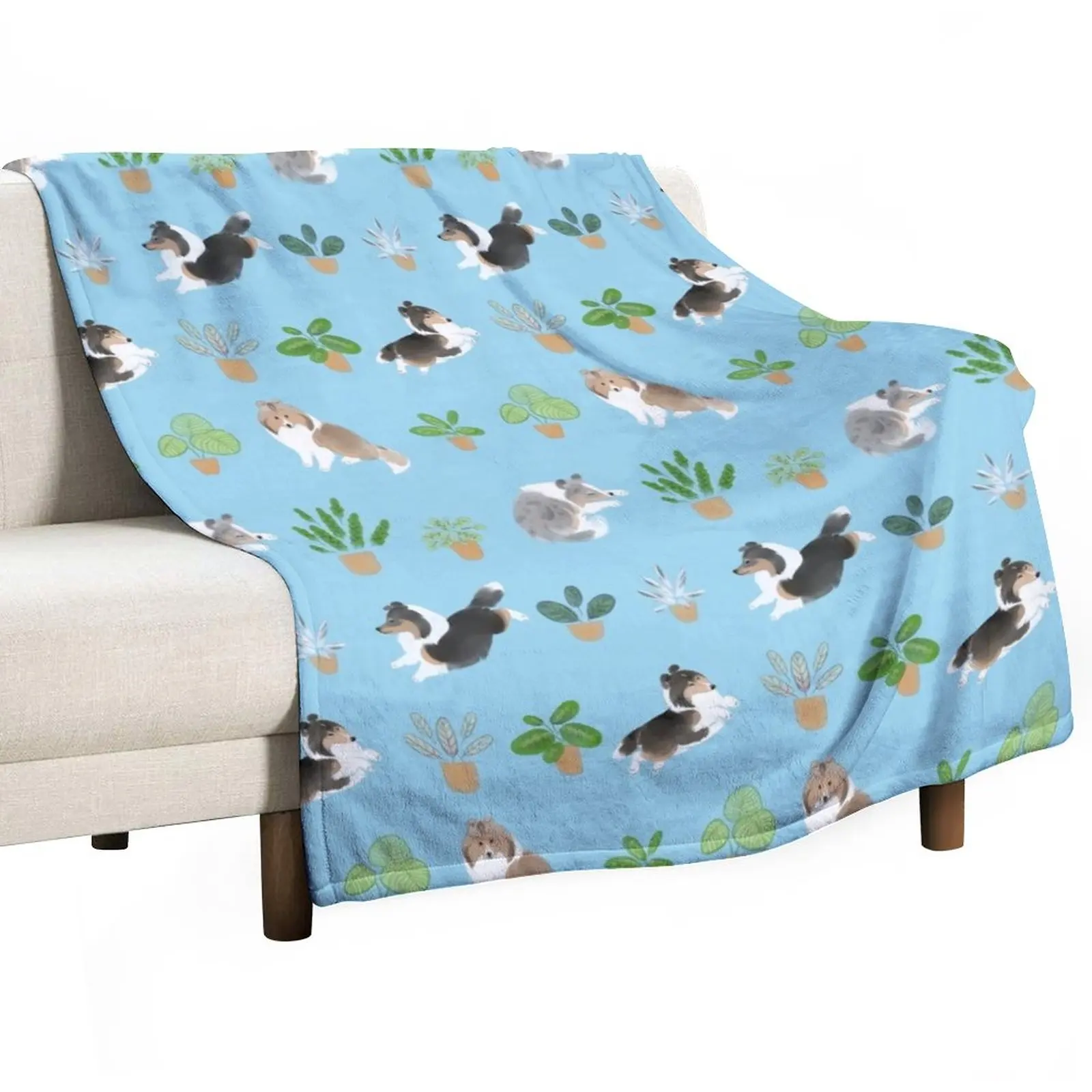 

Shelties & Calathea on Blue Throw Blanket Luxury Blanket Thin Blanket Thermal Blankets For Travel
