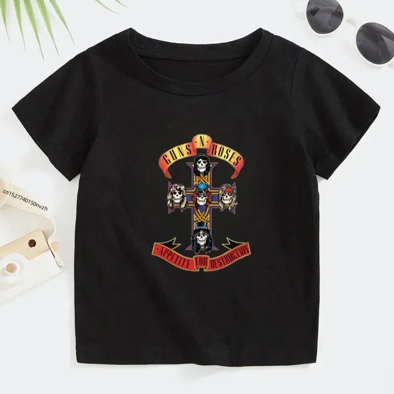 thumbnail image 1 of Camiseta de algodón para niños y niñas de 2 a 14 años con banda de rock Gun N Roses, camisetas de manga corta con estampado de música Kpop, ropa informal para bebés, 1 of 5