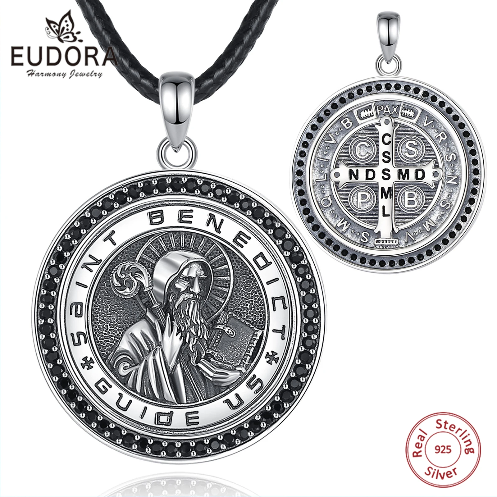 

Eudora 925 Sterling Silver Saint Benedict Medal Necklace Vintage Cross Amulet Pendant Religious Jewelry Party Gift for Men Women