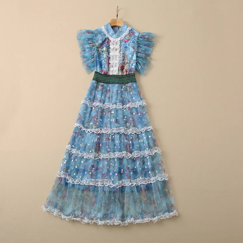 

European and American women's wear autumn 2022 new styles Short sleeve collar with blue gauze print Fashion button dress XXL