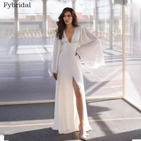 Sexy Deep V Neck Chiffon Wedding Dress Long Batwing Sleeve High Slit Cut Out Back Bridal Gown Robe De Mariee Vestidos De Novia 1