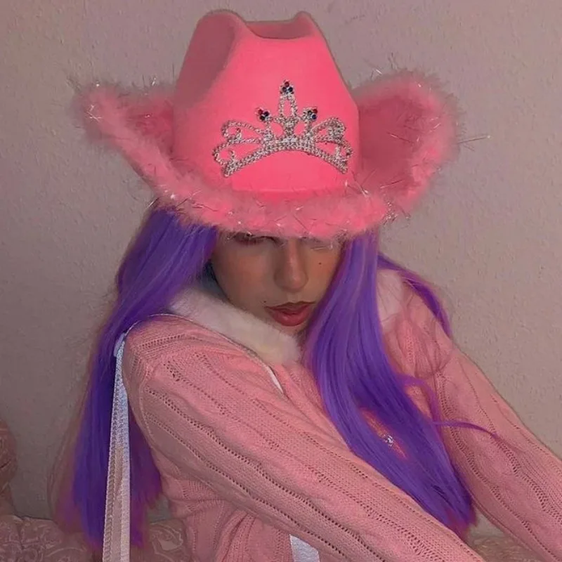 Pink West Cowgirl Hats Summer Women Crown Feather Felt Sequin Caps Outdoor Holiday Wide Brim Hat Fashion Accessory Cosplay Props