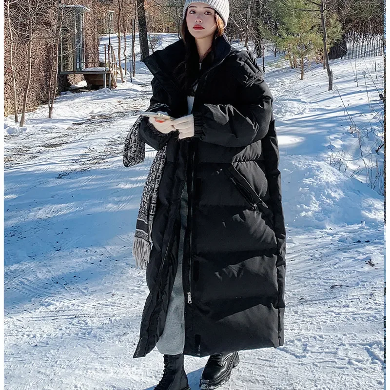 Korean Black White Patchwork Long Down Coat Hooded Padded Jacket Women Thicken Winter Warm Oversized Down Jacket Coat Overcoat