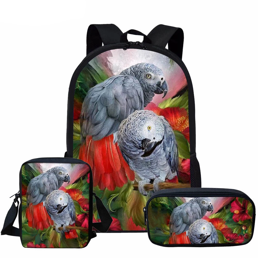 Colorful Parrot Printing Kids Girls Large Capacity Backpack 3PCS Women Bird Pattern Travel Backbag Sets Teenager School Bags