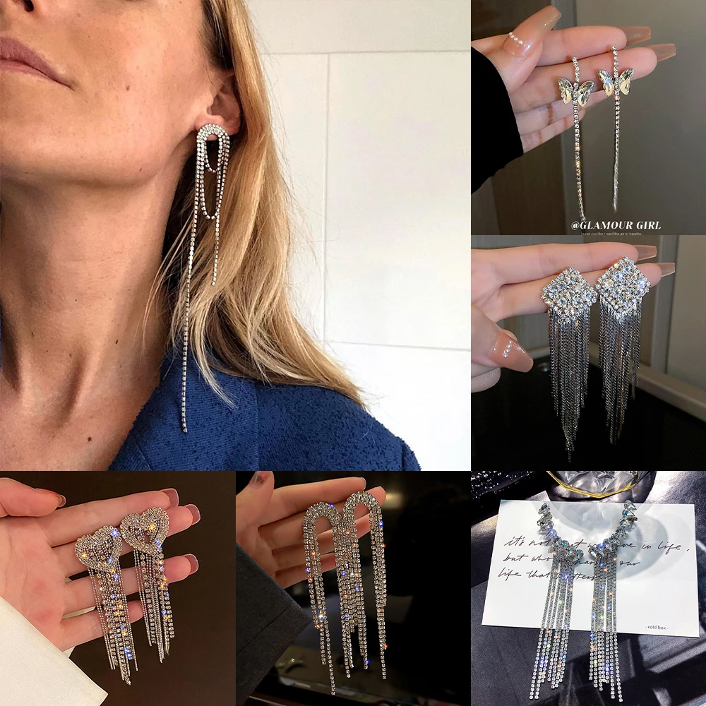 Drop Earrings Dangle Earrings Crystal Earrings Long Earrings Crystal Tassel Earrings Long Crystal Tassel Drop Earrings for Women Rhinestone Shiny Hanging Dangle Earrings Wedding Party Jewelry Gift