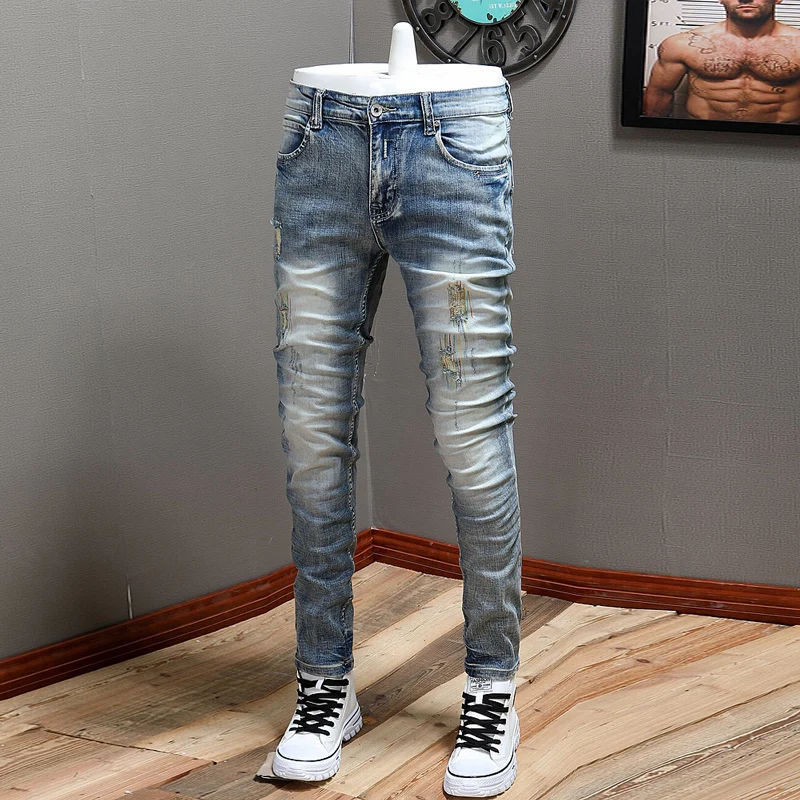 

Fashion Vintage Men Jeans Retro Blue Stretch Elastic Slim Fit Ripped Jeans Men Embroidery Designer Casual Denim Pants Hombre