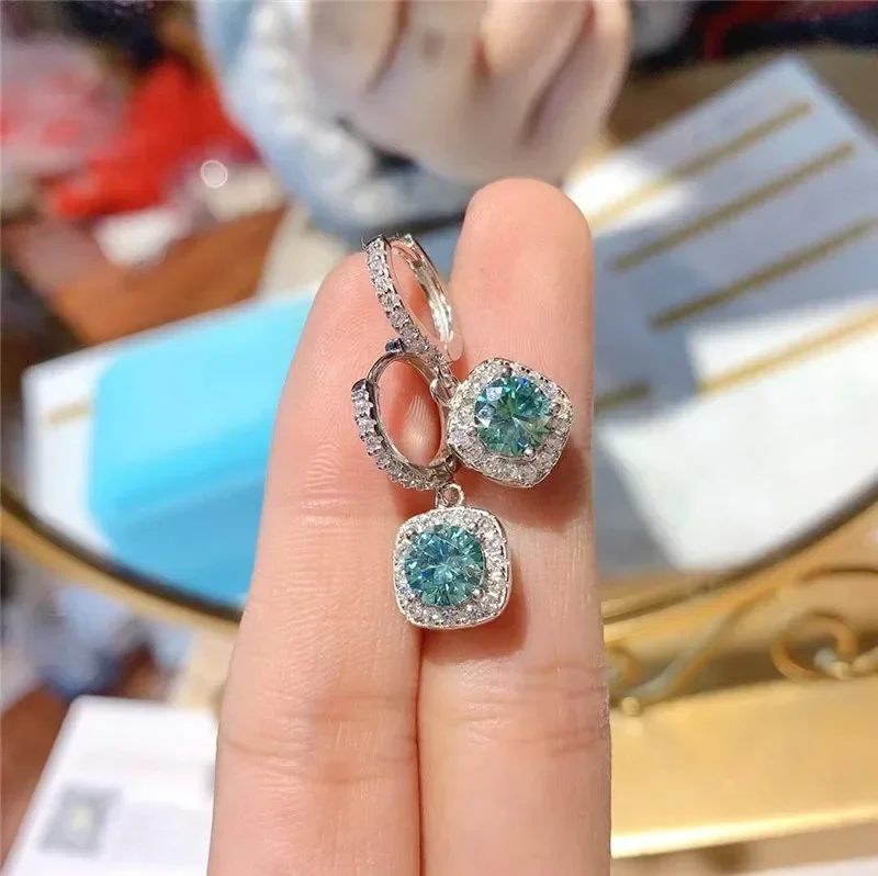 

Silver 1CT Blue Green Moissanite Dangle Earrings 14K White Gold 4 Claw Gemstone Diamond Earrings For Women Fine Jewelry
