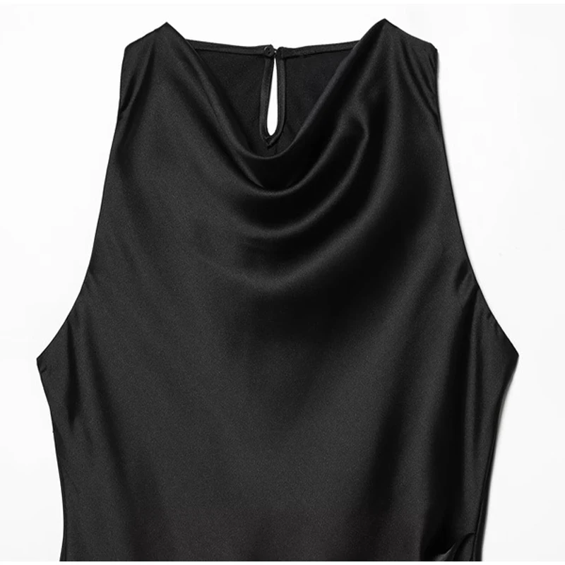 Schwarzes ärmelloses Satinkleid für Damen, asymmetrischer Fransensaum, Wasserfallausschnitt, Midi-Länge, elegantes formelles Party-Abend-Event-Neues Kleid – Detail 6