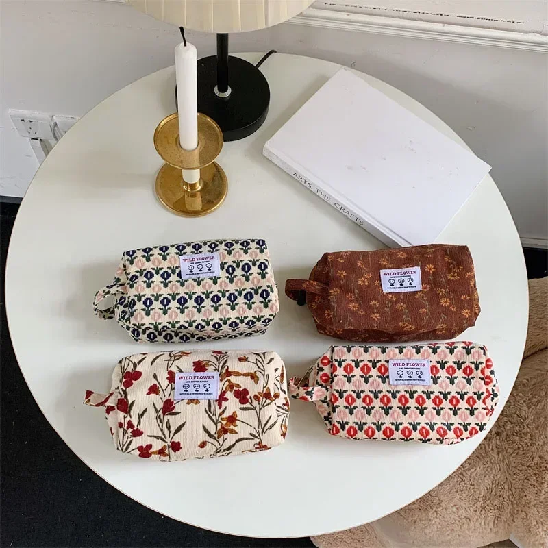 Women Cosmetic Bag Corduroy Flower Lipsticks Makeup Bag Korean Student Pencil Case Travel Makeup Brushes Neceser Organizer makeup organizer,cosmetic bag,pencil case,cosmetic storage bag,makeup bag,cosmetic case
