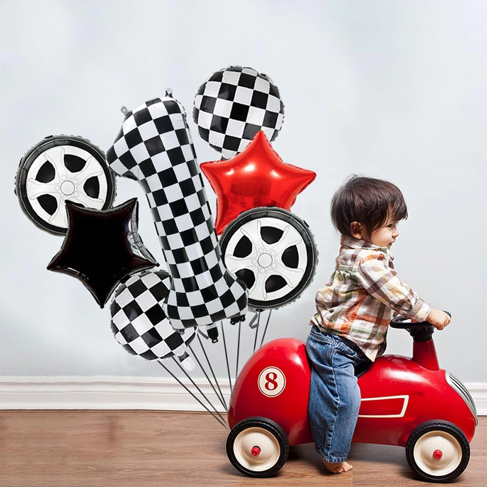 Rennparty, Rennstrecke, Bodenläufer, schwarz, weiß, karierte Foliennummer, Hot Wheel-Luftballons, Kinder, Formel 1, Rennwagen, Geburtstagsdekorationen – Detail 15