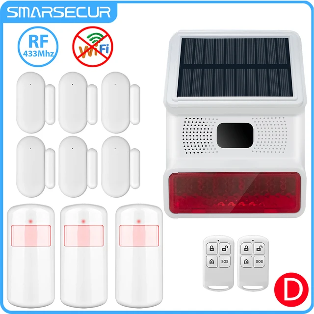 Smarsecur 433MHz Solar Outdoor Waterproof Siren with LED Flashing Light Function as Home Garage Shed Alarm System 1